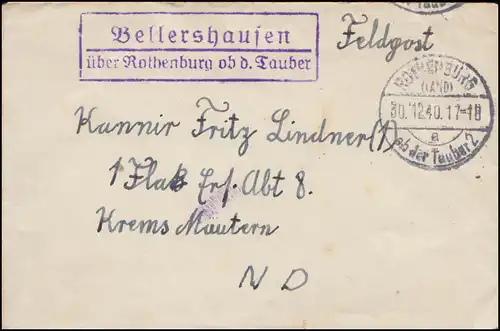 Landpost-Stempel Bellershausen über Rothenburg, Feldpost ROTHENBURG 30.12.40