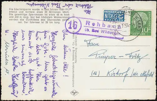 Landpost Ansichtskarte Edertalsperre Rehbach über Bad Wildungen 27.7.55