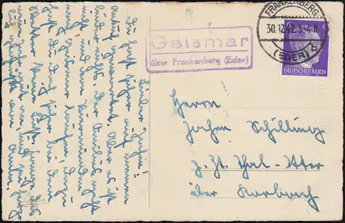 Landpost Ansichtskarte Neujahr Glöckchen, Geismar über Frankenberg 30.12.42