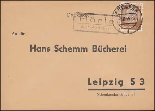 Landpost Hörle über Arolsen, Bücherei - Bestätigung, AROLSEN 1.10.35