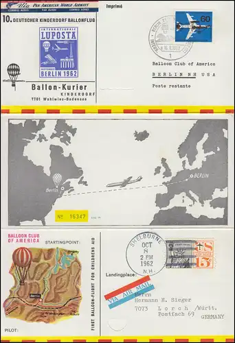 230 Luftpost Faltkarte zur Ballonpost BERLIN / USA + zurück, SSt Berlin 16.9.62