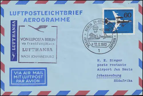 Luftpost LUPOSTA BERLIN-Frankfurt-Johannesburg, Aerogramm Berlin 230 EF FDC 1962