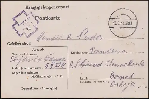 Kriegsgefangenenpost Stammlager XX B Postkarte Tarnstempel 12.6.44 nach Serbein