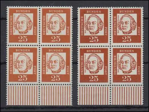 353 Bed. Deutsche 25 Pf. je ein UR-Viererblock in hell- und dunkelorange **