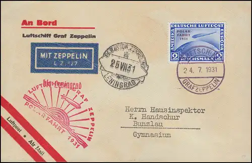 Deutsches Reich 457 Luftschiff Graf Zeppelin 2 RM, Polarfahrt Bordpost Juli 1931
