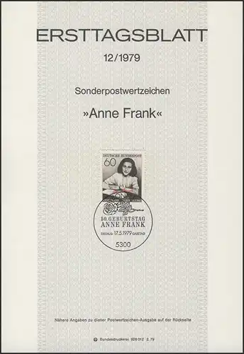 ETB 12/1979  50. Geburtstag Anne Frank, Tagebuch