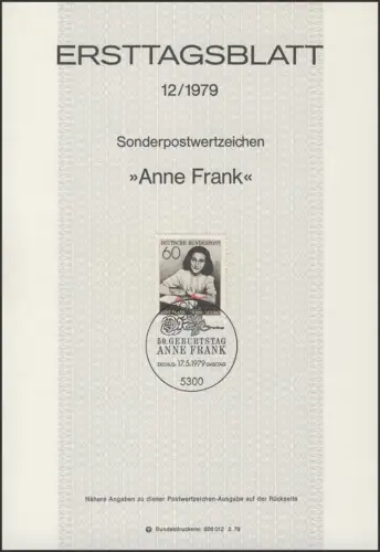ETB 12/1979  50. Geburtstag Anne Frank, Tagebuch