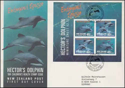 Neuseeland Block 28 Wale Delfine Hector´s Dolphin auf FDC