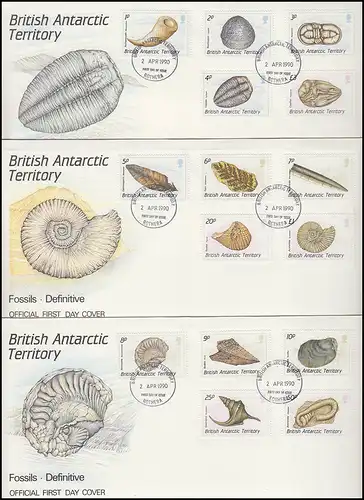 Britische Antarktis 156-170 Fossilien 15 Werte komplett, Satz auf 3 FDC