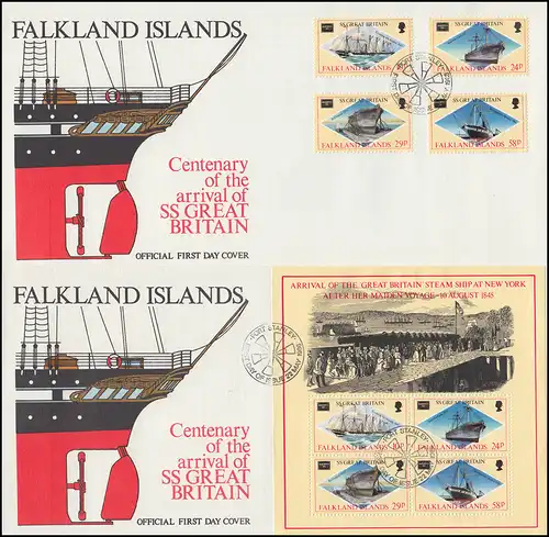 Falklandinseln 449-452 und Bl.6 AMERIPEX´86 Schiffe Great Britain auf zwei FDC