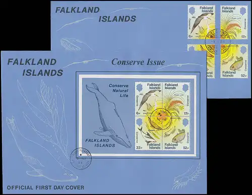 Falklandinseln 415-419 und Bl.4 Naturschutz Wale auf zwei FDC