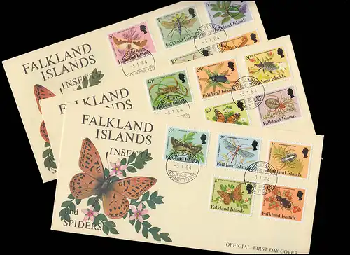 Falklandinseln 390-404 Spinnen / Insekten, 15 Werte kpl. auf drei FDC