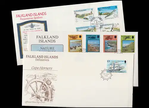Falklandinseln 517-532 Jahrgang 1990 kpl. auf 6 FDC, Schiffe Flugzeuge Albatros