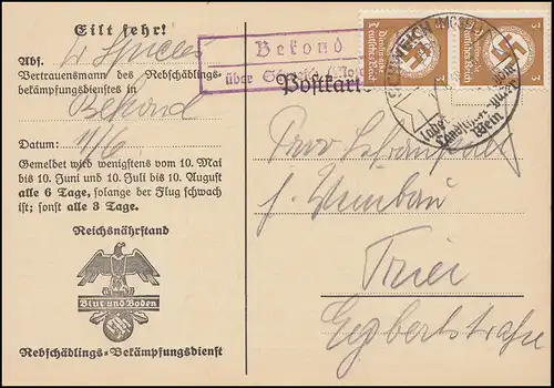 Landpost Bekond über Schweich Mosel auf Dienst Mottenflugmeldekarte, Juni 38