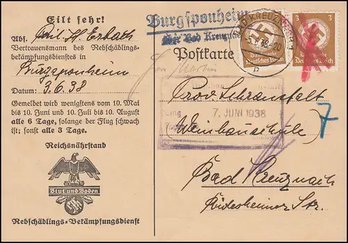 Landpost Burgsponheim über Bad Kreuznach auf Dienst Mottenflugmeldekarte, 5.6.38