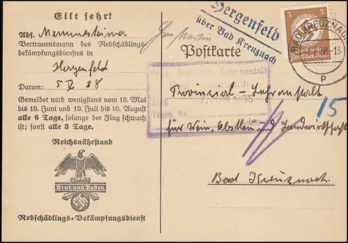 Landpost Hergenfeld über Bad Kreuznach auf Dienst Mottenflugmeldekarte, 7.6.38