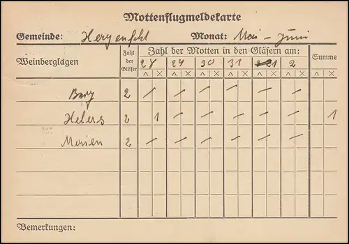 Landpost Hergenfeld über Bad Kreuznach auf Dienst Mottenflugmeldekarte, 7.6.38