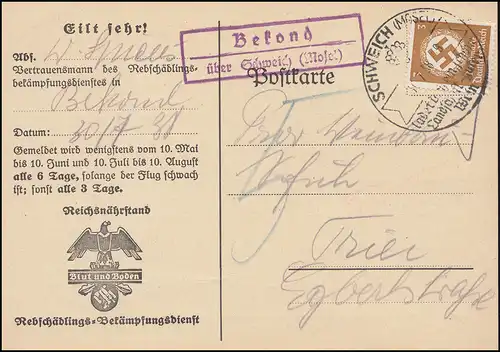 Landpost Bekond über Schweich Mosel auf Dienst Mottenflugmeldekarte, 30.7.38