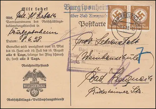 Landpost Burgsponheim über Bad Kreuznach auf Dienst Mottenflugmeldekarte, 9.6.38