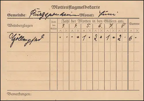 Landpost Burgsponheim über Bad Kreuznach auf Dienst Mottenflugmeldekarte, 9.6.38