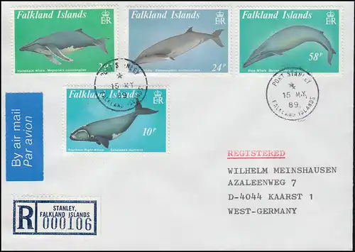 Falkland Inseln Wale, Satz auf R-Brief Stanley 16.5.89