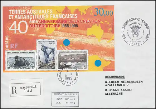 40 Jahre Französische Antarktis Block 2 auf R-FDC nach D, 6.8.1995