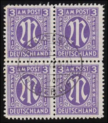 17bDz AM-Post 3 Pf. im Viererblock gestempelt Brakelsiek 11.1.46, FA Wehner BPP