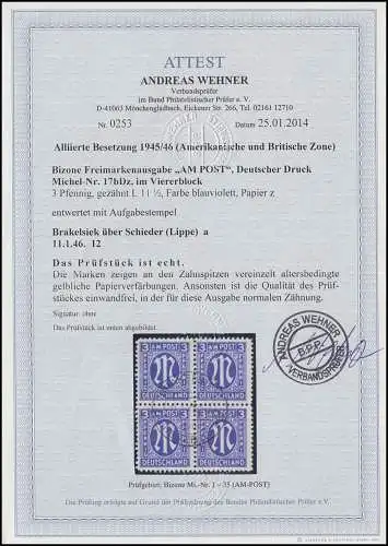 17bDz AM-Post 3 Pf. im Viererblock gestempelt Brakelsiek 11.1.46, FA Wehner BPP