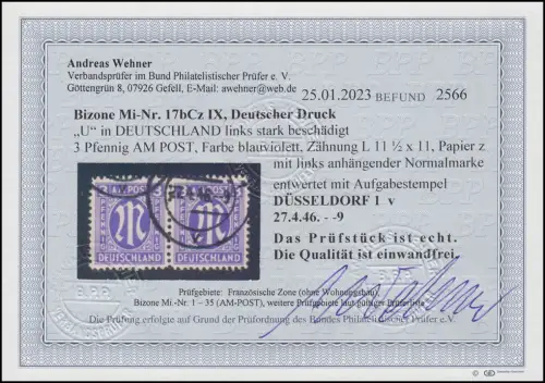 17bCz PLF IX AM-Post 3 Pf mit PLF U links stark beschädigt, O Befund Wehner