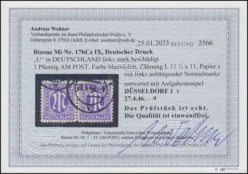 17bCz PLF IX AM-post 3 Pf avec PLP U gauche fortement endommagé, O résultat Whenner