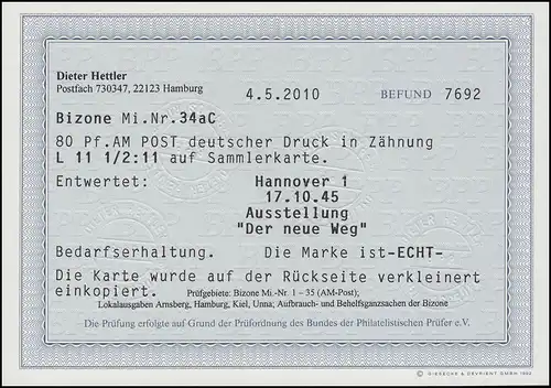 34aC AM-Post 80 Pf auf Stempelvorlage Hannover 17.10.45, Befund Hettler