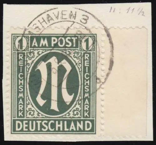 35B AM-Post 1 RM, auf Briefstück O Wilhelmshaven 6.8.46, Befund Schlegel BPP