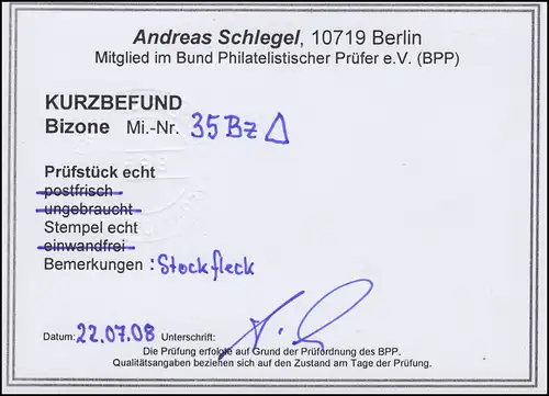 35B AM-Post 1 RM, sur le porte-lettre O Wilhelmshaven 6.8.46, résultat Schlegel BPP