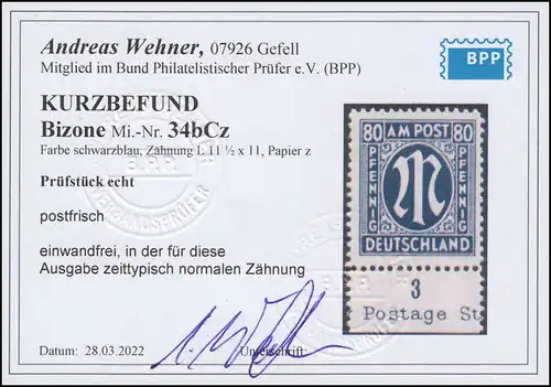 34b AM-Post 80 Pf Unterrand seltene Farbe schwarzblau, ** Befund Wehner BPP