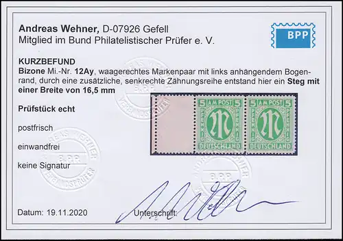 12ay AM-Post 5 Pf. eng gezähntes Paar mit Steg links, Befund Wehner BPP