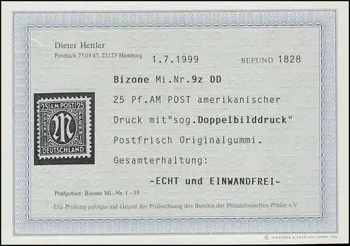 9z DD AM-Post 25 Pf Doppelbilddruck, Befund Hettler BPP ** postfr. einwandfrei
