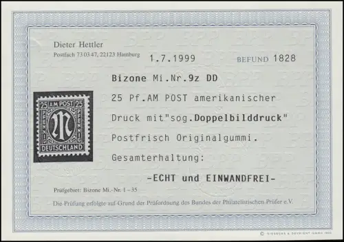 9z DD AM-Post 25 Pf Doppelbilddruck, Befund Hettler BPP ** postfr. einwandfrei