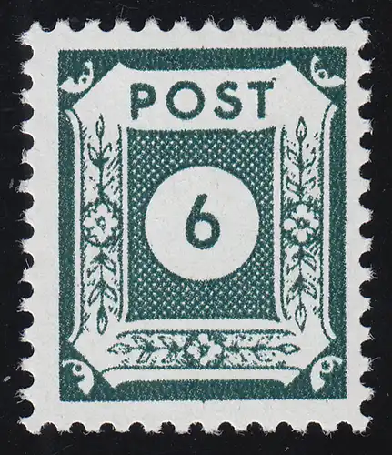 SBZ 43C chiffre 6 Pf, noir-bleu-vert, dents expérimentales, ** post-fraude / MNH