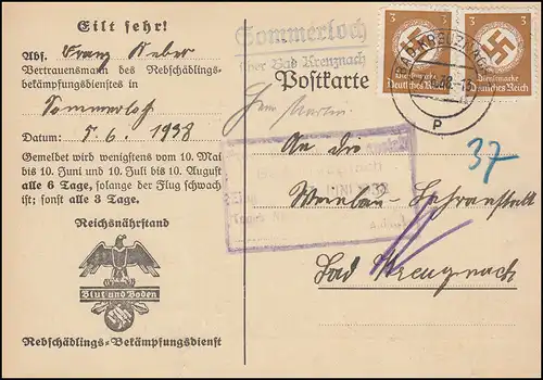 Landpost Sommerloch über Bad Kreuznach auf Dienst Mottenflugmeldekarte, 7.6.38