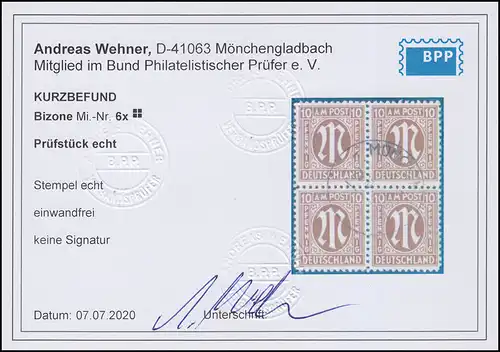 6x AM-Post 10 Pf. Papier x, Viererblock O München 26.10.45, Befund Wehner BPP