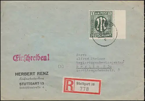 35Bz Deutscher Druck AM-Post 1 RM, EF Brief Stuttgart 21.8.46, BPP-Befund Wehner
