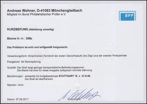 35Bz Deutscher Druck AM-Post 1 RM, EF Brief Stuttgart 21.8.46, BPP-Befund Wehner