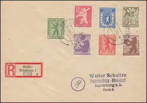 1-7 B durchstochen kpl. 7 Werte auf R-Brief Berlin 23.2.46, Fotoattest Ströh BPP