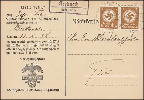 Landpost Krettnach über Trier auf Dienst Mottenflugmeldekarte, 1.6.38