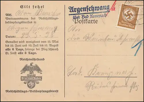 Landpost Argenschwang über Bad Kreuznach, Dienst Mottenflugmeldekarte, 24.5.38