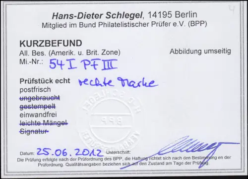 54I PF III Bandaufdruck 10 Pf. mit Plattenfehler III, Fotobefund Schlegel BPP **
