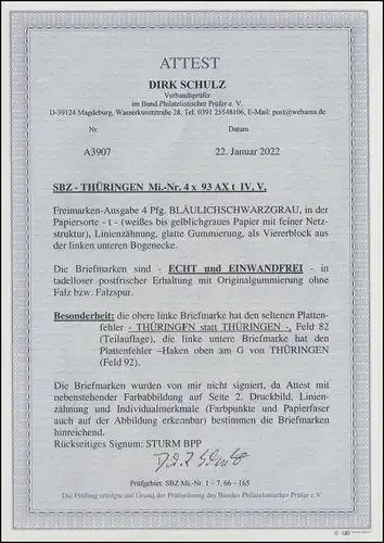 93AXt PLF IV+V marque libre 4 Pf. Eck-Vbl avec PLF THÜRINGFN, ** FA Schulz BPP