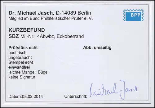 4Ab wbz Berliner Bär 10 Pfennig Ecke - seltene Farbe, ** Befund Dr. Jasch BPP