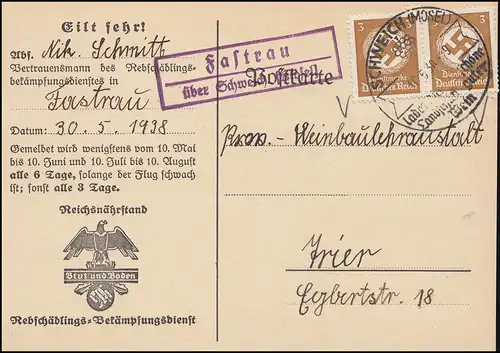 Landpost Fastrau über Schweich Mosel auf Dienst Mottenflugmeldekarte, 30.5.38