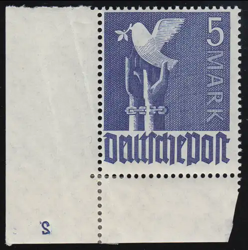 962Pl.-Nr. Taube 5 Mark Eckrandstück unten mit ganzer Plattennummer 2, **